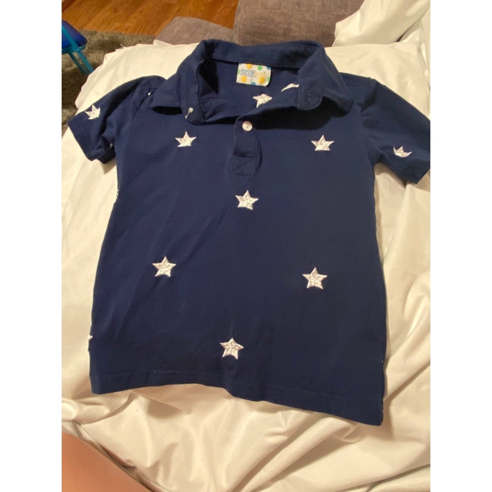 Boutique Boys Patriotic‎ Polo Shirt Navy Blue White Stars Applique Size 3T
